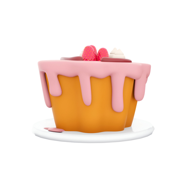 Beyaz bir tabakta servis edilen pembe kremalı ve çilekli renkli bir tatlı..