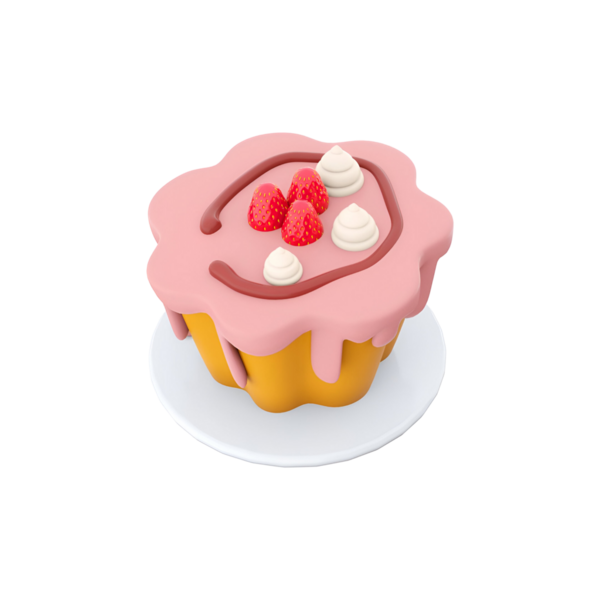 Üzerinde ahududu ve krema olan pembe kremalı renkli bir kek, beyaz bir tabakta servis edilir..