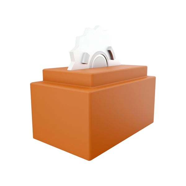 Üzerinde bir dişli sembolü olan, mekanik veya mühendislik kavramlarını temsil eden bir bloğun üç boyutlu tasviri.