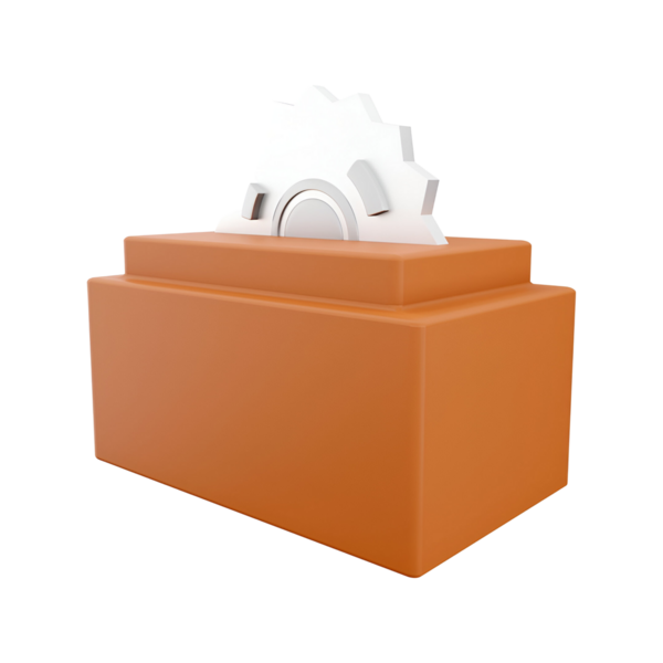 Sektör ve teknolojiyi sembolize eden dikdörtgen bir bloğun üzerindeki bir dişli mekanizmasının 3 boyutlu temsili.