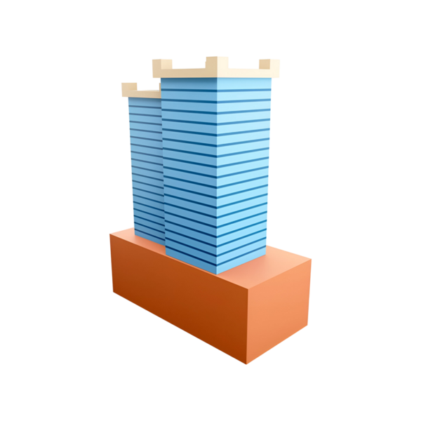 Dizayn ve yapıyı vurgulayan, kuleye benzeyen istiflenmiş blokların biçimlendirilmiş üç boyutlu bir temsili.