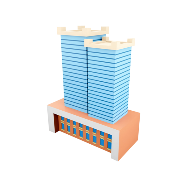 İki kulesi ve tabanı olan, mimari tasarımı sergilenen modern bir binanın stilize edilmiş bir çizimi..