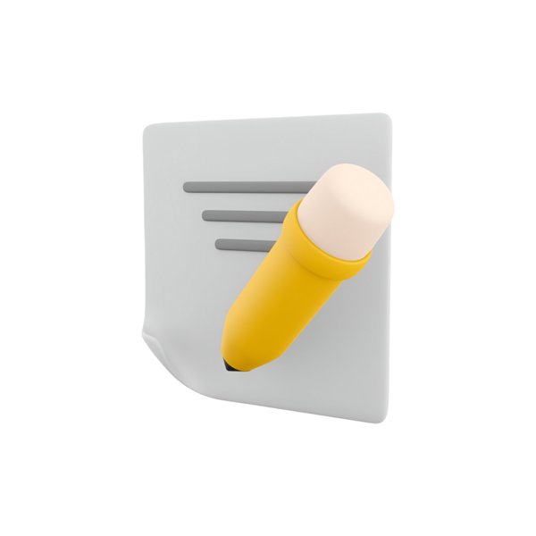 Not alma ve yaratıcılığı sembolize eden, kurşun kalemli bir not defterinin üç boyutlu çizimi.