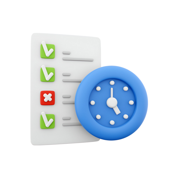 Görev yönetimi ve zaman yönetimini sembolize eden, kontrol işaretleri ve saati olan bir kontrol listesi içeren bir illüstrasyon.