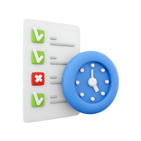 Zaman yönetimi ve görev tamamlanmasını simgeleyen, saati olan bir kontrol listesi.