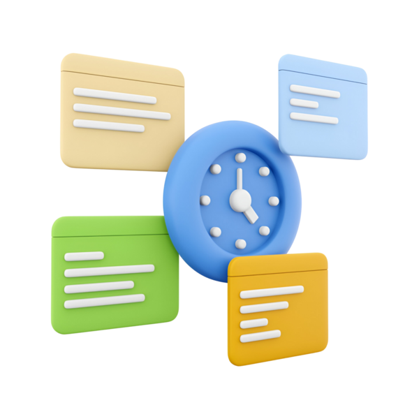 Notlarla çevrili renkli bir saat, zaman yönetimi ve organizasyonu sembolize ediyor.