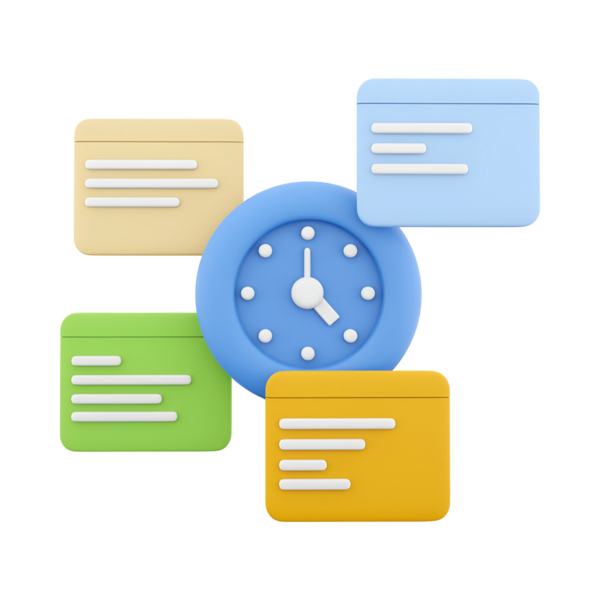 Notlarla çevrili, zaman yönetimi ve organizasyonu sembolize eden renkli bir saat tasviri.