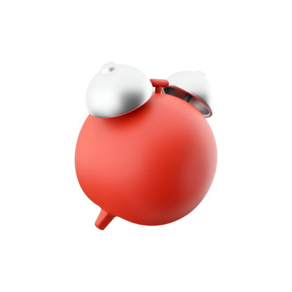 Üzerinde iki metalik çan olan kırmızı küresel bir nesne, oyuncu bir tasarım elemanına benziyor..