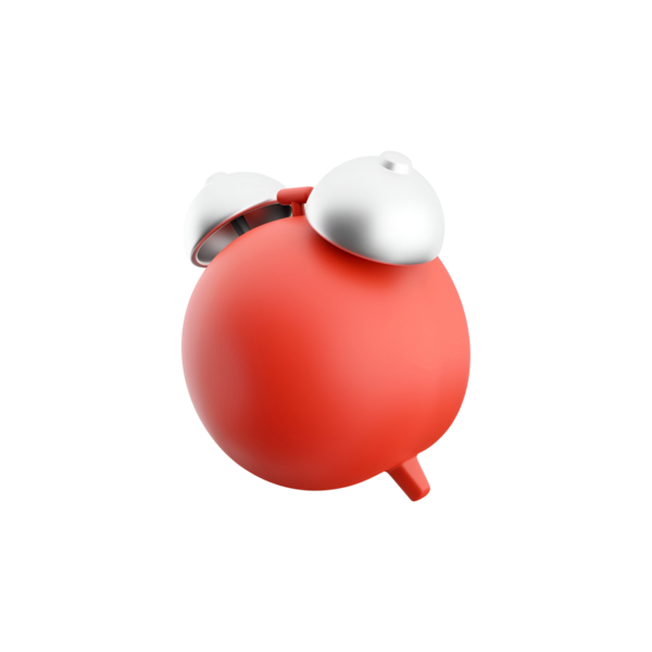 Çizgi film karakteri kırmızı çalar saat. Üstünde gümüş çanlar var. Oyuncak ve modern estetik için tasarlanmış..