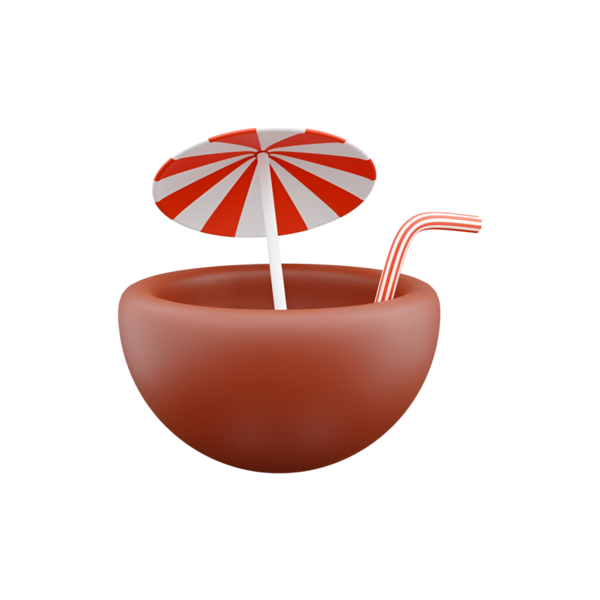 Bir pipet ve bir plaj şemsiyesi ile stilize bir kase, canlandırıcı bir içecek veya kokteyl önerir.