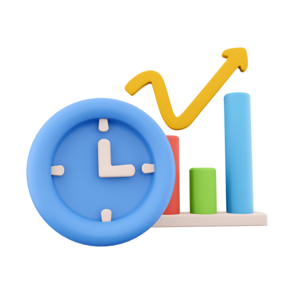 Saat ve çubuk grafiklerinin yer aldığı 3 boyutlu bir illüstrasyon, iş ölçümlerindeki zaman yönetimi ve büyümeyi simgeliyor.