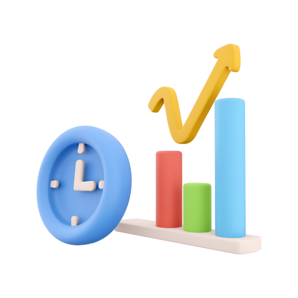 Saat ve artan çubuk grafiği ile zaman yönetimi ve üretkenliğin renkli bir temsili.
