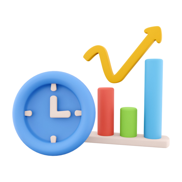 Bir saat ve çubuk grafiklerinin yer aldığı, zaman yönetimi ve verimliliğin renkli bir grafik gösterimi.