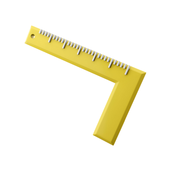 Düz çizgileri ölçmek ve çizmek için kullanılan sarı bir dik açılı cetvel..