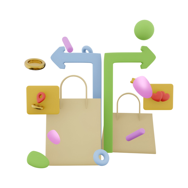 Çeşitli soyut şekillerle çevrili, ticareti ve çevrimiçi alışverişi sembolize eden üç boyutlu alışveriş torbaları..