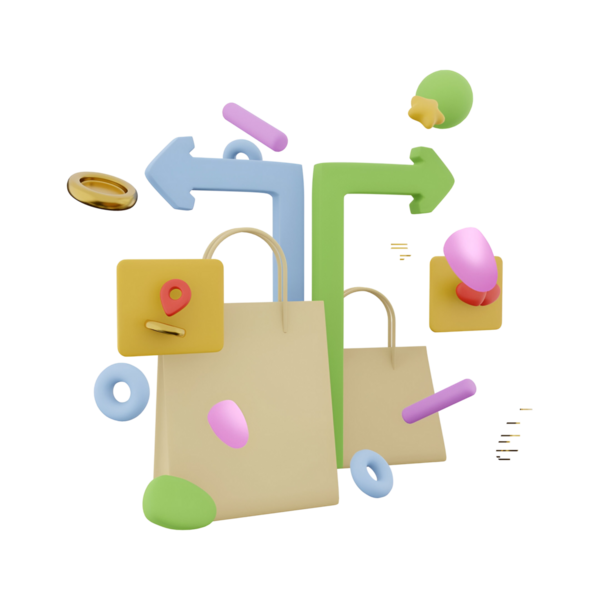 Alışveriş torbaları ve yön oklarının yer aldığı renkli bir 3D illüstrasyon, alışveriş veya navigasyon seçeneklerini sembolize ediyor.