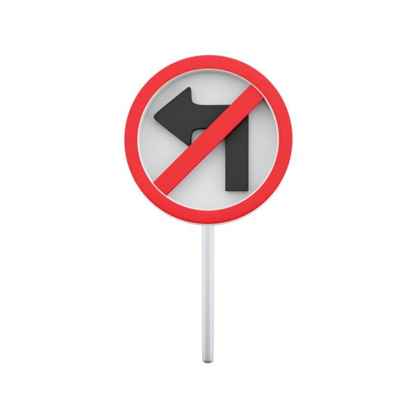Sol ok ve köşegen çizgili kırmızı dairesel trafik işareti, sola dönüşe izin verilmediğini gösteriyor..