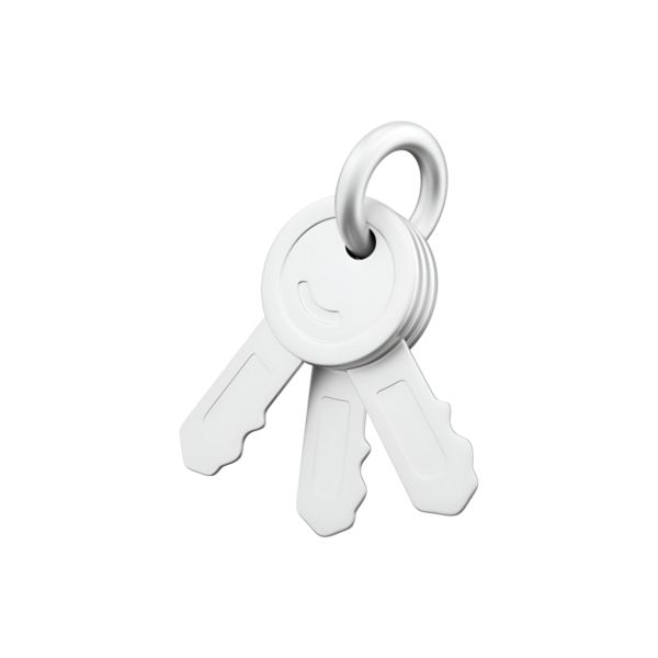 Dairesel bir anahtarlığa bağlı üç beyaz anahtar seti. Genellikle kapı ve kompartımanları kilitlemek ve açmak için kullanılır..