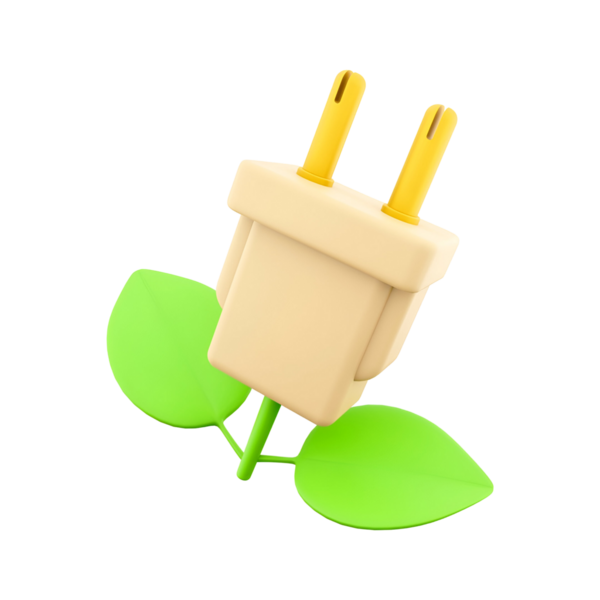 Yeşil yapraklarla çevrili, sürdürülebilirliği ve yenilenebilir enerjiyi sembolize eden çevre dostu bir elektrik prizi..