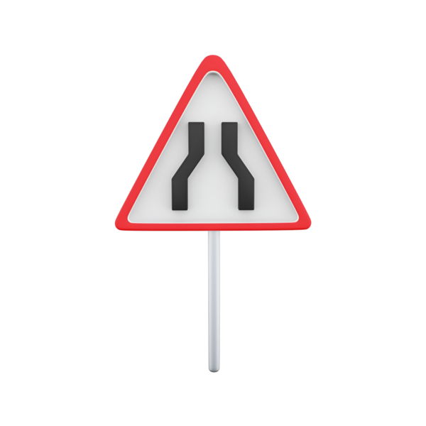 İlerideki yolun daraldığını belirten bir uyarı işareti, sürücüleri hızı düşürmeleri ve dikkatli olmaları için uyardı.