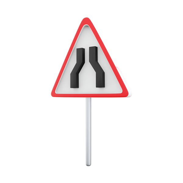 İleride dar bir yol olduğunu gösteren üçgen bir uyarı işareti, sürücüleri güvenlik için uyarmak üzere tasarlanmış..