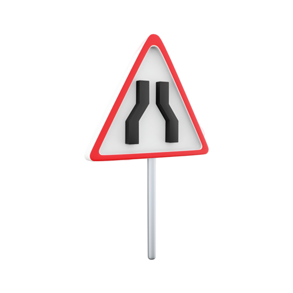 İleride dar bir yol olduğunu gösteren üçgen bir işaret, sürücüleri hız kesmek ve dikkatli olmaları için uyarmak üzere tasarlanmış..