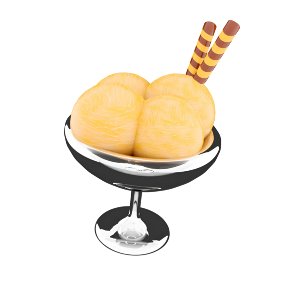 Üzerinde iki çizgili sopa olan üç kepçe sarı dondurma dolu bir tatlı kasesi..