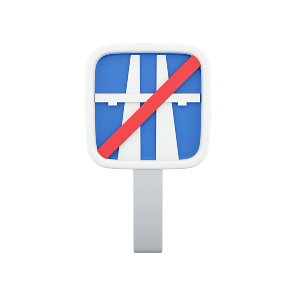 Otoyol ve otoyollara giriş olmadığını gösteren bir tabela, mavi arka plan ve otoyol sembolü boyunca kırmızı bir çapraz çizgi içeriyor..