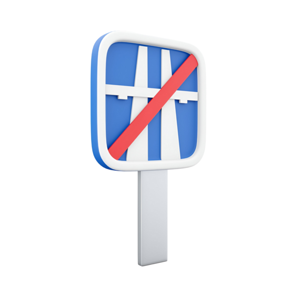 Beyaz ve kırmızı elementlerin yer aldığı mavi bir arkaplan içeren bir otoyol veya otoyolun sonunu gösteren bir yol tabelası.