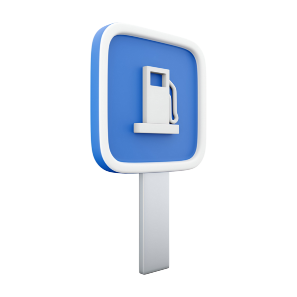 Benzin istasyonu tabelasında mavi arka planda yakıt ikonu var. Yakıt ikmali yapılan araçların yerini gösteriyor..