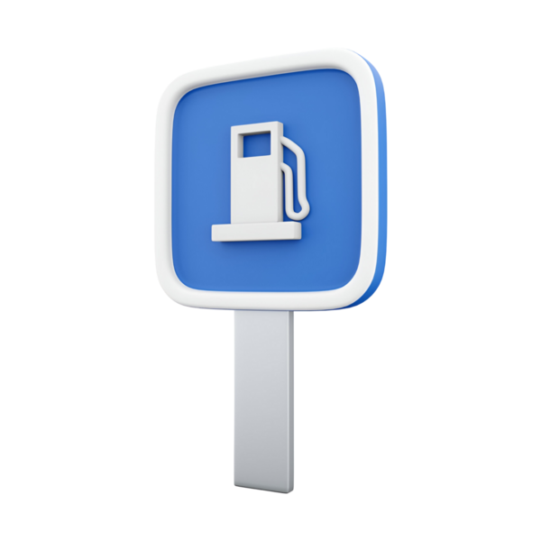 Mavi arka planda yakıt pompası simgesi olan basit bir benzin istasyonu tabelası yakıt ikmali yapılan araçların yerini gösteriyor..
