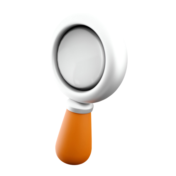 Beyaz dairesel mercekli ve turuncu saplı bir büyüteç. Nesnelerin yakından incelenmesi için tasarlanmış..