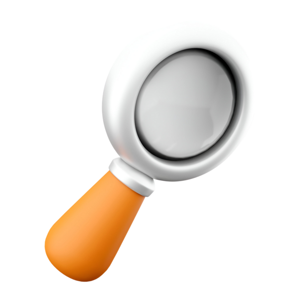 Beyaz mercekli, turuncu saplı, arama ve keşfi simgeleyen çizgi film tarzı bir büyüteç..