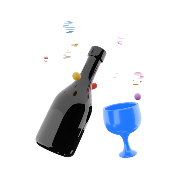 Siyah bir şişe ve renkli baloncuklu mavi bir bardak. Kutlamayı ya da şenlikli bir olayı simgeliyor..