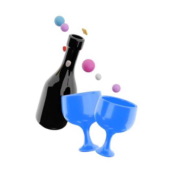 Siyah bir şişe ve renkli baloncuklu iki mavi bardak, bayram ya da kutlama temasını işaret ediyor..
