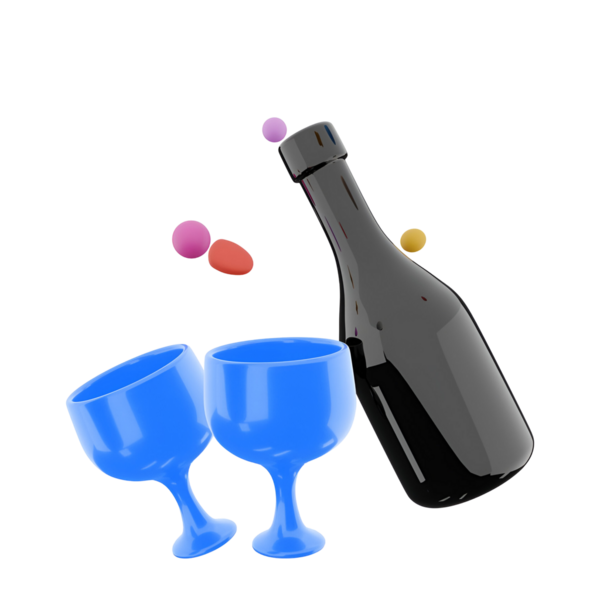 İki mavi bardağın üzerine eğilmiş siyah bir şişe. Renkli damlacıklar neşeli bir içecek öneriyor..