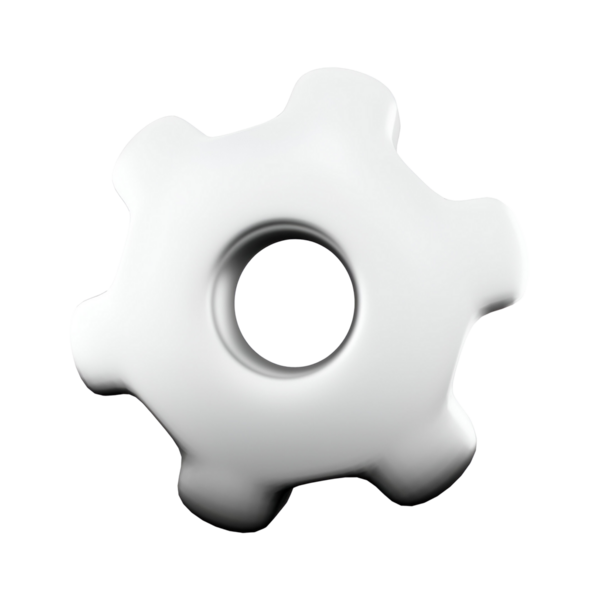 Merkezi delikli, mekanik veya mühendislik kavramlarını temsil eden üç boyutlu bir beyaz dişli simgesi.