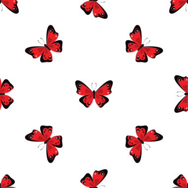 Tekstil için beyaz zemin üzerinde kırmızı kelebek olan pürüzsüz desen