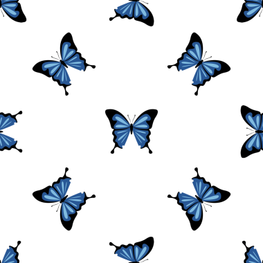 Beyaz arka planda şekillendirilmiş mavi kelebekli kusursuz desen.