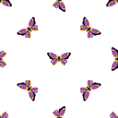 Beyaz arka planda mor ve sarı kelebekli kusursuz desen