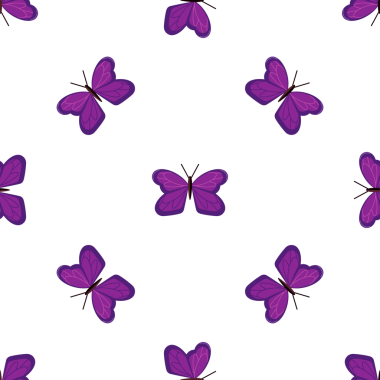 Beyaz arka planda parlak mor kelebekli kusursuz vektör deseni