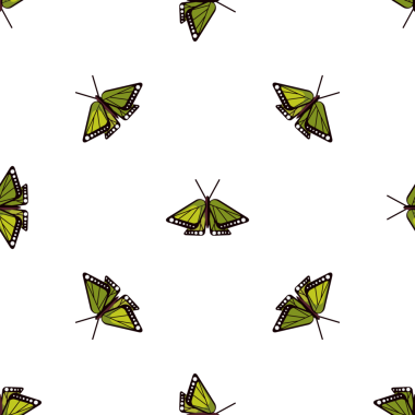 Beyaz arka planda tekrar eden şekillendirilmiş yeşil kelebek deseni