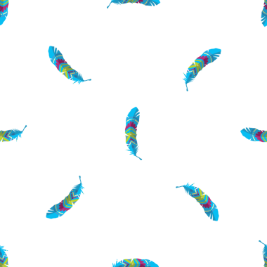 Beyaz arkaplanda boho tarzında renkli tüyleri olan pürüzsüz desen