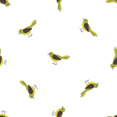 Beyaz arka planda küçük yeşil kuşları gösteren kusursuz bir desen.