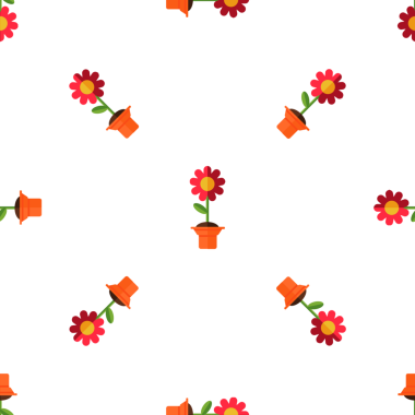 Beyaz arka planda kırmızı çiçeklerin terasotta kaplarında kusursuz desen