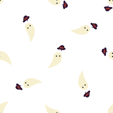 Kusursuz bir cadılar bayramı şablonu ve beyaz arka planda 'Boo' diyen sevimli çizgi film hayaletleri.