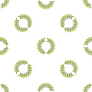 Beyaz arka planda zarif yeşil yapraklı defne çelengi deseni