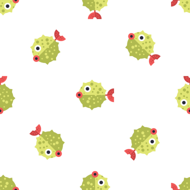 Beyaz arka planda şirin kirpi balığıyla kusursuz bir desen.