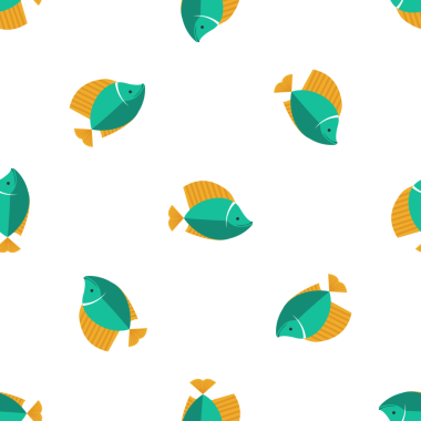 Beyaz arka planda şekillendirilmiş yeşil ve turuncu balıklı kusursuz desenler.