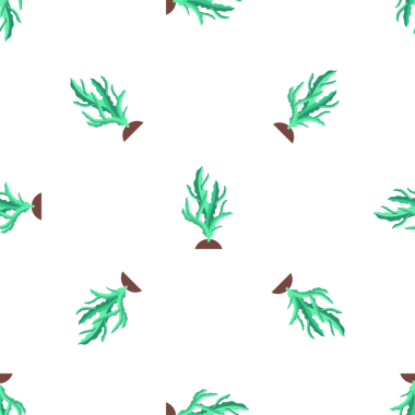 Beyaz arka plan okyanus tabanında yeşil yosun bitkileriyle kusursuz desen